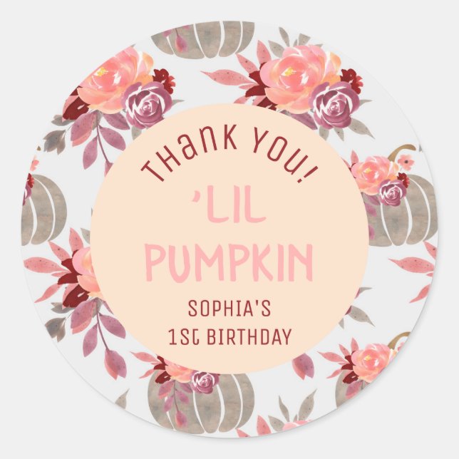 Sticker Rond 'Lil Citrouille Floral 1er anniversaire Merci de f (Devant)