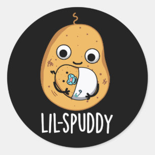 Sticker Rond Lil Spuddy Funny Potato Pun Dark BG