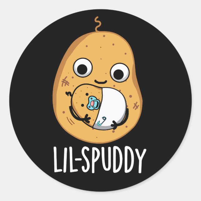 Sticker Rond Lil Spuddy Funny Potato Pun Dark BG (Devant)