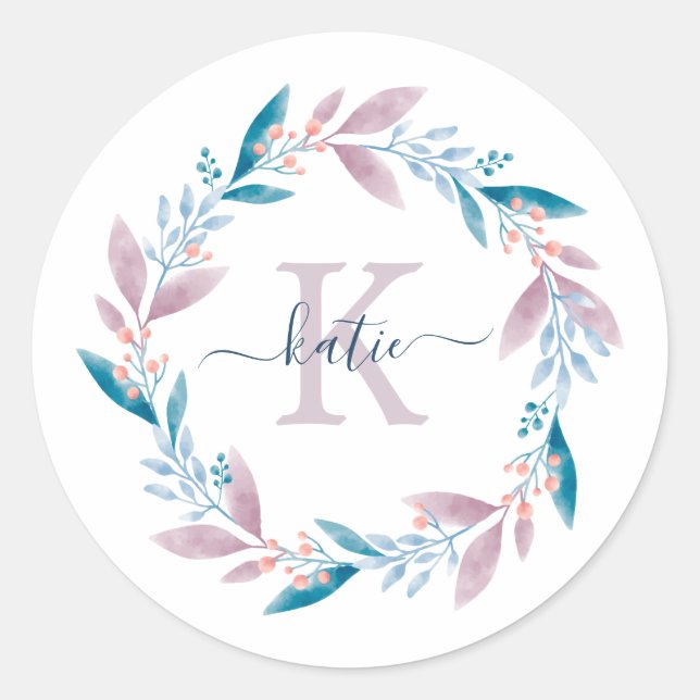 Sticker Rond Lilac Aquarelle Florale Wreath Monogramme (Devant)