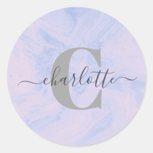 Sticker Rond Lilac Lavender Marbre Élégant Nom du monogramme