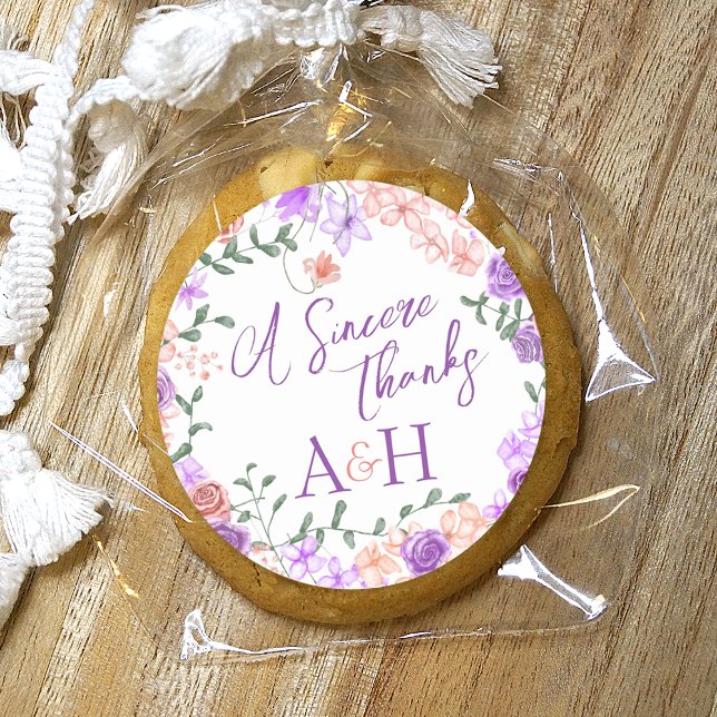 Sticker Rond Lilac & Pêche Floral Mariage de couronne Monogramm (lilac, purple, lavender, peach, mauve spring wedding color mix party favor stickers, thank you treat)