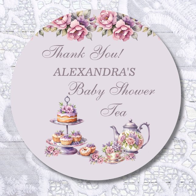 Sticker Rond Lilac Pink Floral Tea Party Baby shower Favoriser (Créateur téléchargé)