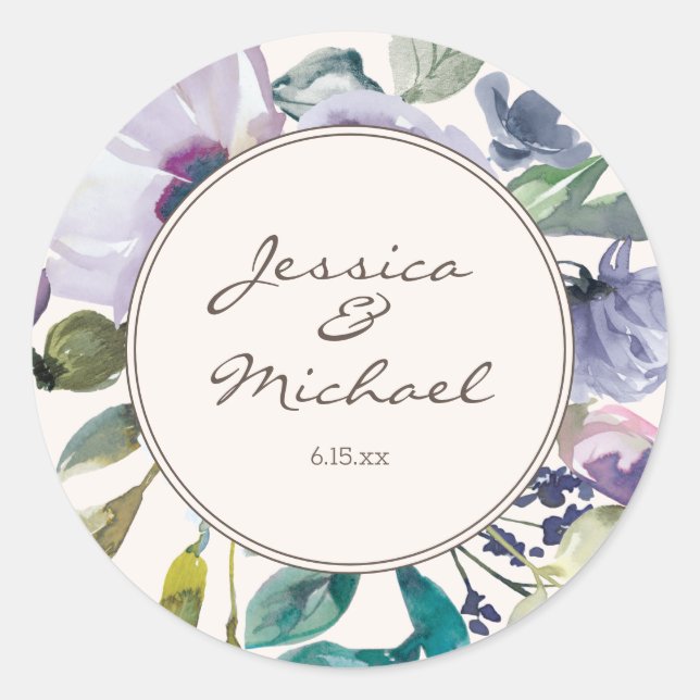 Sticker Rond Lilac Purple Aquarelle Florale Boho Mariage (Devant)