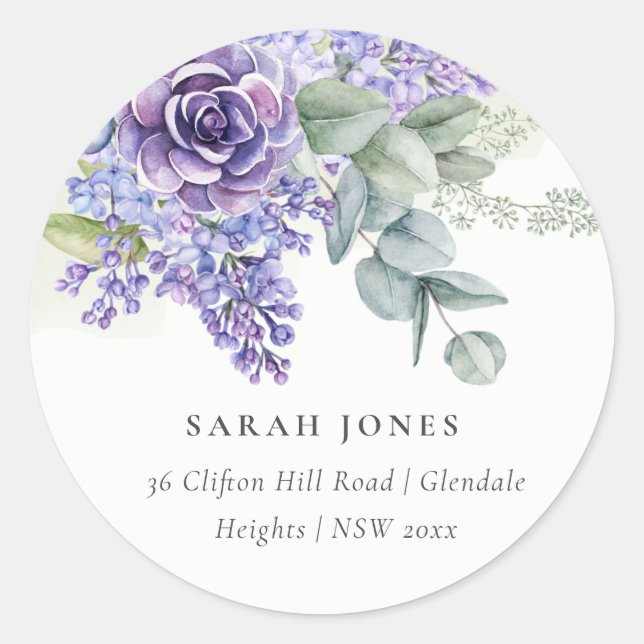 Sticker Rond Lilac Succulent Eucalyptus Botanical Bunch Adresse (Devant)