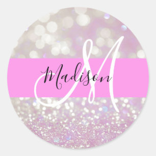 Sticker Rond Lilas scintillant pailleté paillettes monogramme n