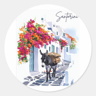 Sticker Rond L'Île Grecque Santorin Donkey Dans Le Grec Traditi
