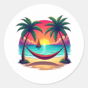 Sticker Rond L'île tropicale au coucher du soleil Illustration 