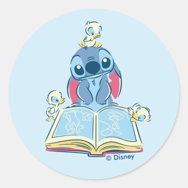 Sticker Rond Lilo & Stitch Lecture - Un conte plein de coeur (Devant)