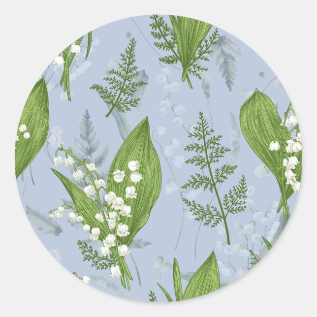 Sticker Rond Lily de Vallée avec des fougères || Bleu Clair (Devant)