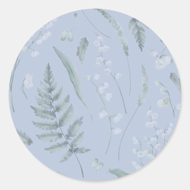 Sticker Rond Lily de Vallée avec des fougères || Bleu Clair (Devant)