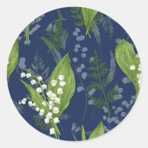 Sticker Rond Lily de Vallée avec des fougères    Bleu Foncé