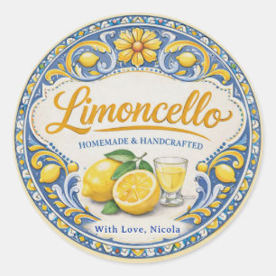 Sticker Rond Limoncello fait maison jaune et bleu aquarelle