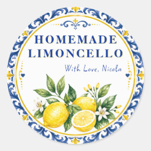 Sticker Rond Limoncello fait maison jaune et bleu aquarelle