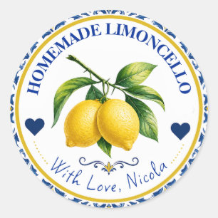 Sticker Rond Limoncello fait maison jaune et bleu aquarelle