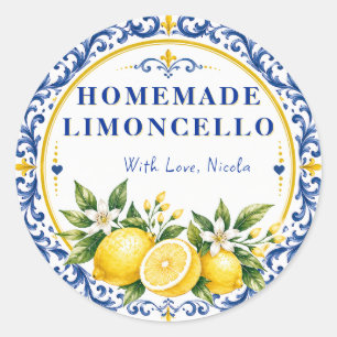 Sticker Rond Limoncello fait maison jaune et bleu aquarelle
