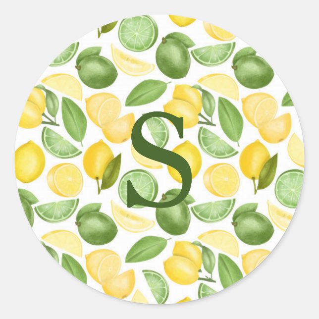 Sticker Rond Limons citrons Motif Aquarelle Monogramme simple (Devant)