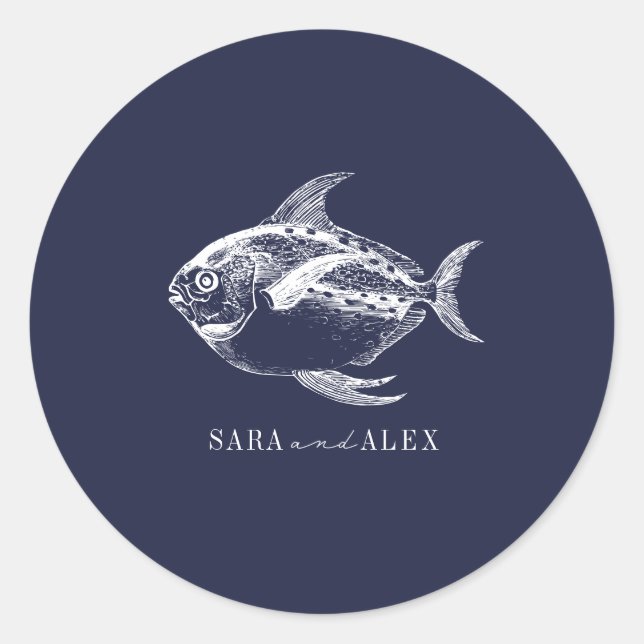 Sticker Rond Line Art Fish Dark Blue Beach Wedding (Devant)