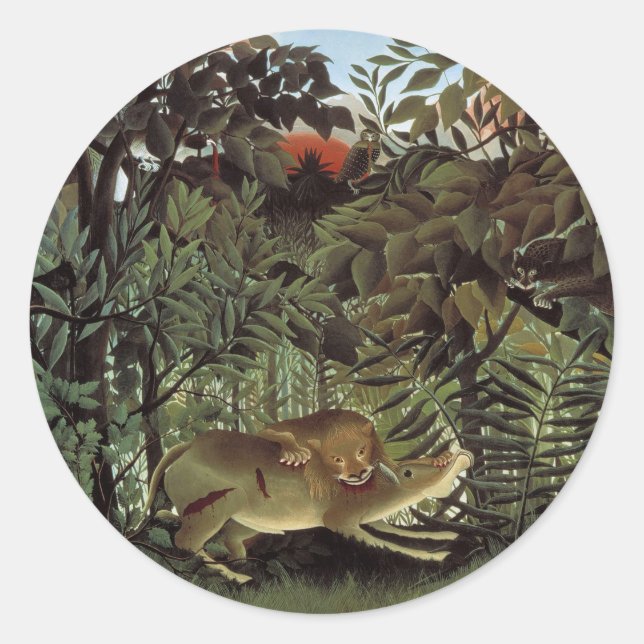 Sticker Rond Lion affamé par Henri Rousseau, animal sauvage Vin (Devant)
