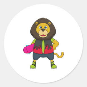 Sticker Rond Lion as skater with skateboard
