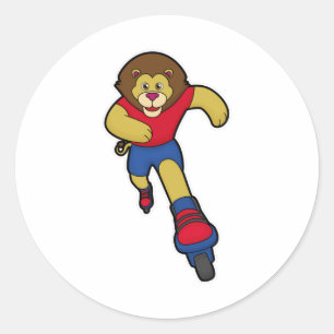 Sticker Rond Lion comme patineur avec patins en ligne