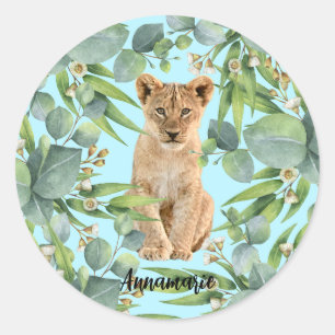 Sticker Rond Lion Cub Jungle Green Forest Cute Turquoise