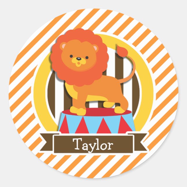 Sticker Rond Lion de cirque ; Orange & Blancs (Devant)