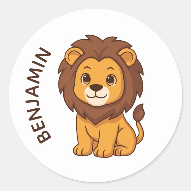 Sticker Rond Lion de dessin animé mignon avec nom personnalisé (Devant)