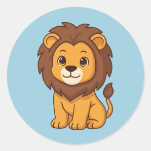 Sticker Rond Lion de dessin animé mignon sur fond bleu