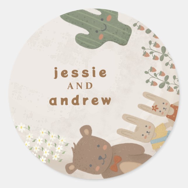 Sticker Rond lion de l'ours cactus bois unisex Baby shower (Devant)