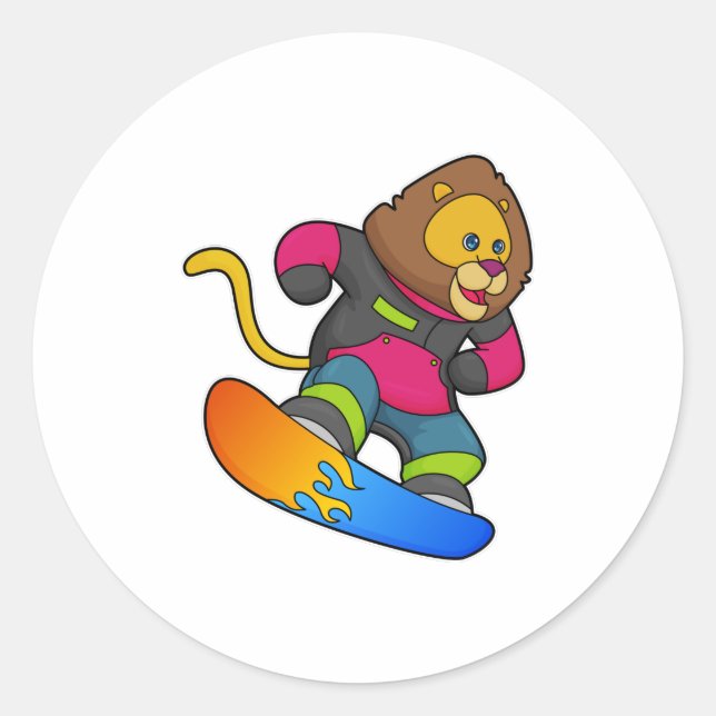 Sticker Rond Lion en Snowboard avec Snowboard (Devant)