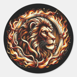 Sticker Rond Lion Flamboyant dans un Anneau de Flammes de Feu A