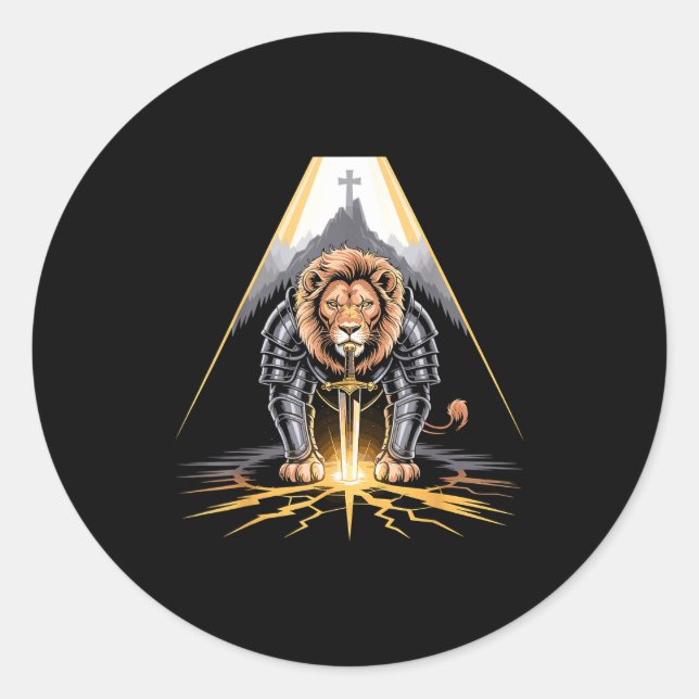Sticker Rond Lion Of Judah Sword And Cross Christian Warrior  (Devant)