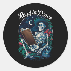 Sticker Rond Lire dans Peace Skeleton Lecture Livre Lover Booki