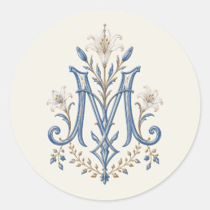 Sticker Rond Lis catholiques de monogramme marian bleu