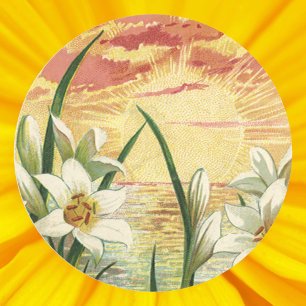 Sticker Rond Lis de Pâques vintage au lever du soleil et anges