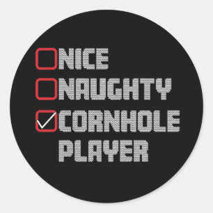 Sticker Rond Liste de joueurs de cornhole Nice Naughty Noël dég