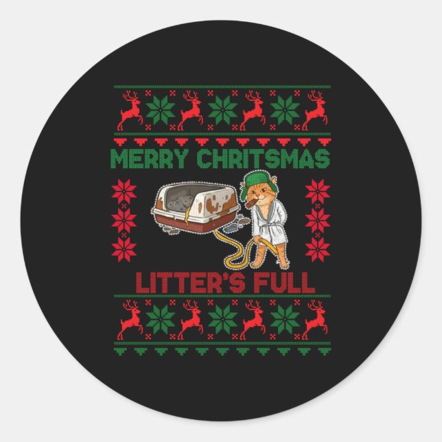 Sticker Rond Litter's Full Merry Christmas Funny Cat Lover Ugly (Devant)