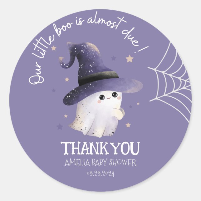 Sticker Rond Little Boo Halloween fantôme violet baby shower (Devant)