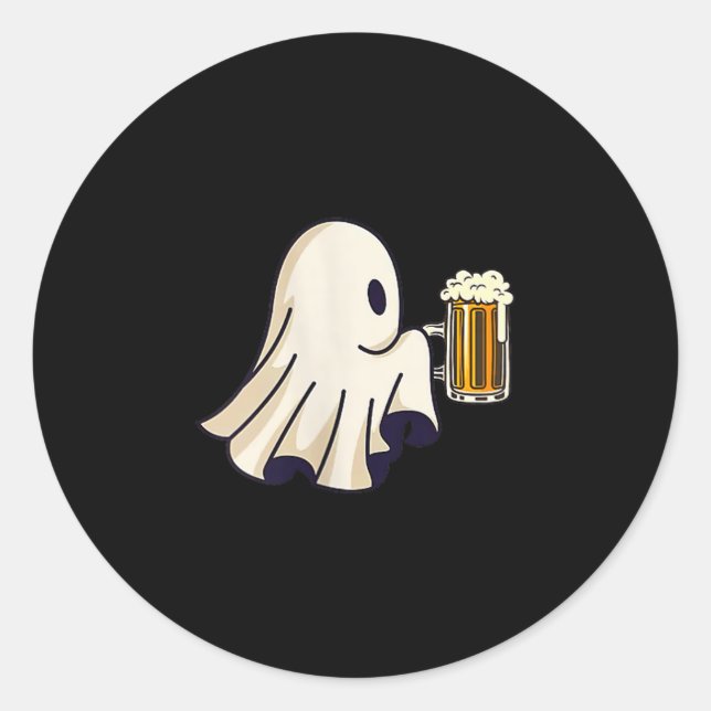 Sticker Rond Little Ghost Drinking Beer Funny Halloween Costume (Devant)