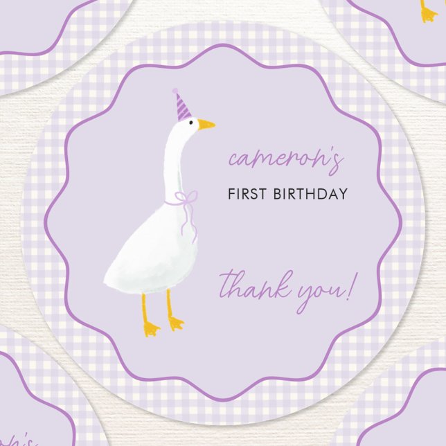 Sticker Rond Little Goose En vichy premier anniversaire Merci (Little Goose first birthday party thank you sticker)
