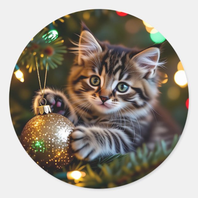 Sticker Rond Little Kitten on Christmas Tree   (Devant)