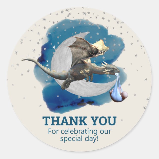 Sticker Rond Little Knight Dragon étoiles Merci Baby shower (Devant)