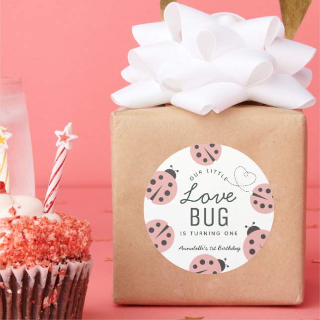 Sticker Rond Little Love Bug Pink Ladybug Birthday (Fête)