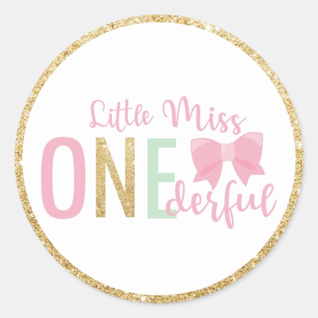 Sticker Rond Little Miss ONEderful 1st Birthday Favor Rose (Devant)