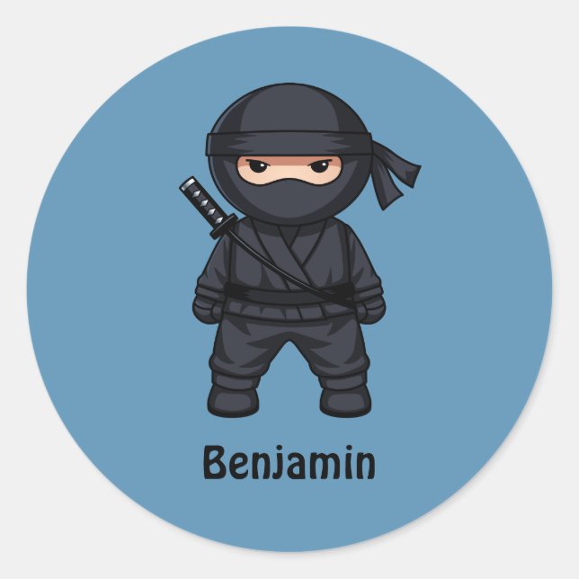 Sticker Rond Little Ninja Warrior on Blue (Devant)