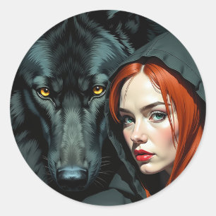 Sticker Rond Little Red Riding Hood Redhead and the Black Wolf