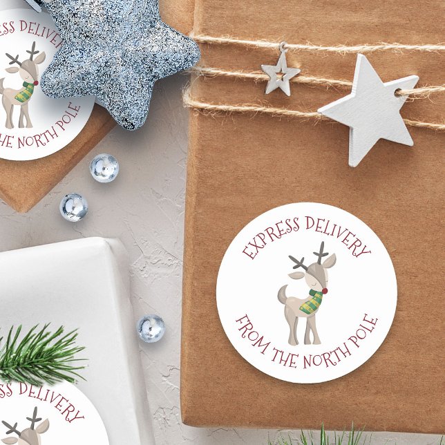 Sticker Rond Livraison d'Express du pôle Nord | Reindeer (Express delivery from the north pole red nosed reindeer sticker)