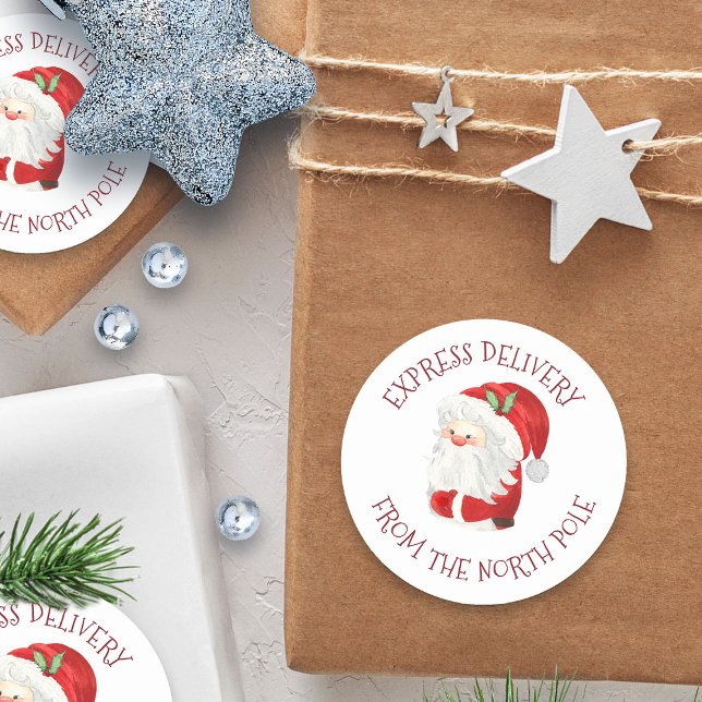Sticker Rond Livraison d'Express du pôle Nord Santa Claus (Express delivery from the north pole, Santa sticker)