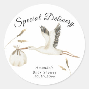 Sticker Rond Livraison spéciale Baby shower de cigogne d'aquare